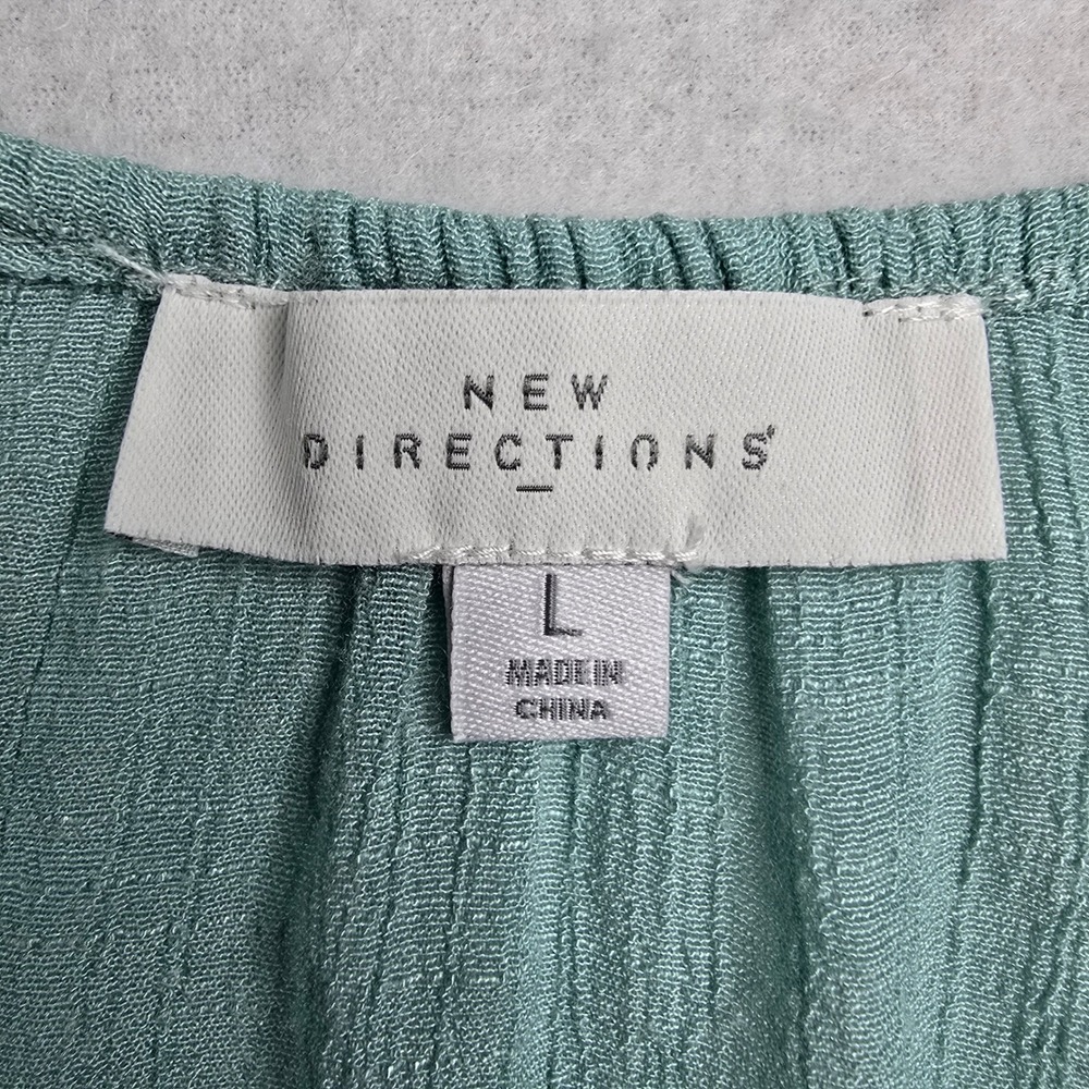 NEW DIRECTIONS Teal Crinkle Gauze Boho Tiered Ruffle Dress Crochet Trim Size L - Picture 3 of 7